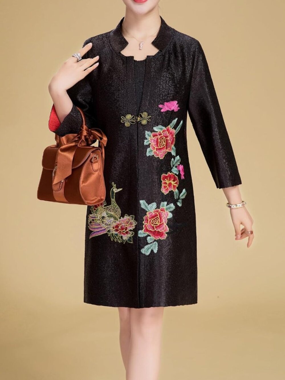 Stylish Women's Crinkled Mandarin Duck Floral Embroidery One Button Blazer - Picture 4 of 6